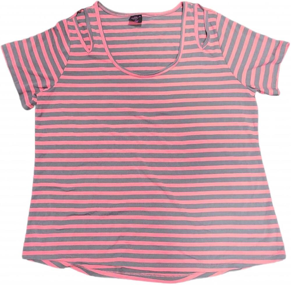 NEW MATERIAL GIRL women's striped shoulder cut short sleeve tee in pink/gray